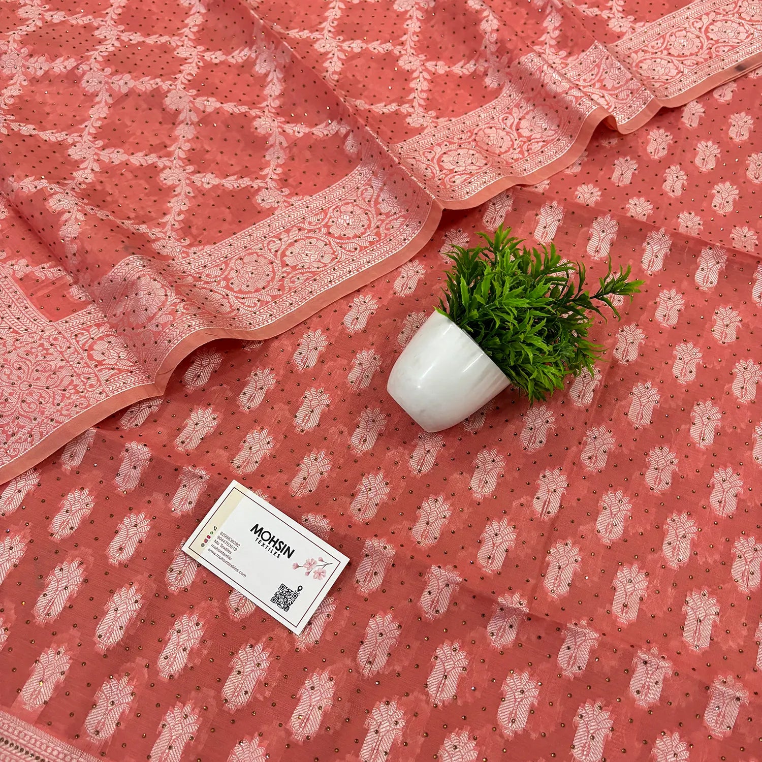 Peach Resham Zari Siroski Stone Cotton Silk Banarasi Suit