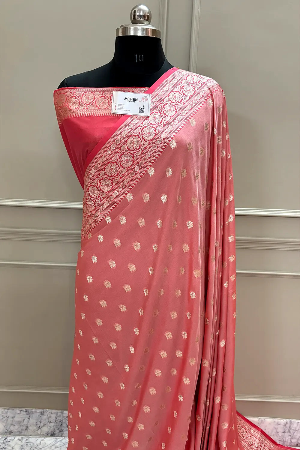 Peach and Dark Peach Ghonga Buti Katan Silk Banarasi Saree