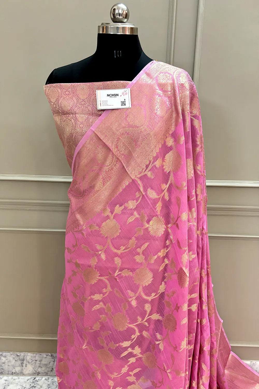 Pink Lotus Jaal Chanderi Silk Banarasi Saree