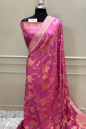 Pink Rosy Jaal Georgette Silk Banarasi Saree