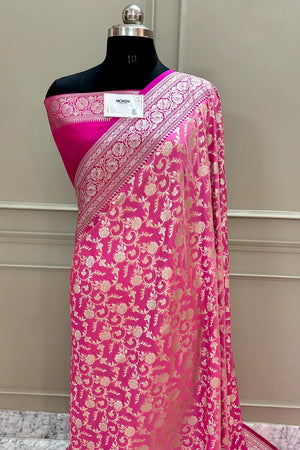 Pink and Rani Gulabi Jaal Katan Silk Banarasi Saree