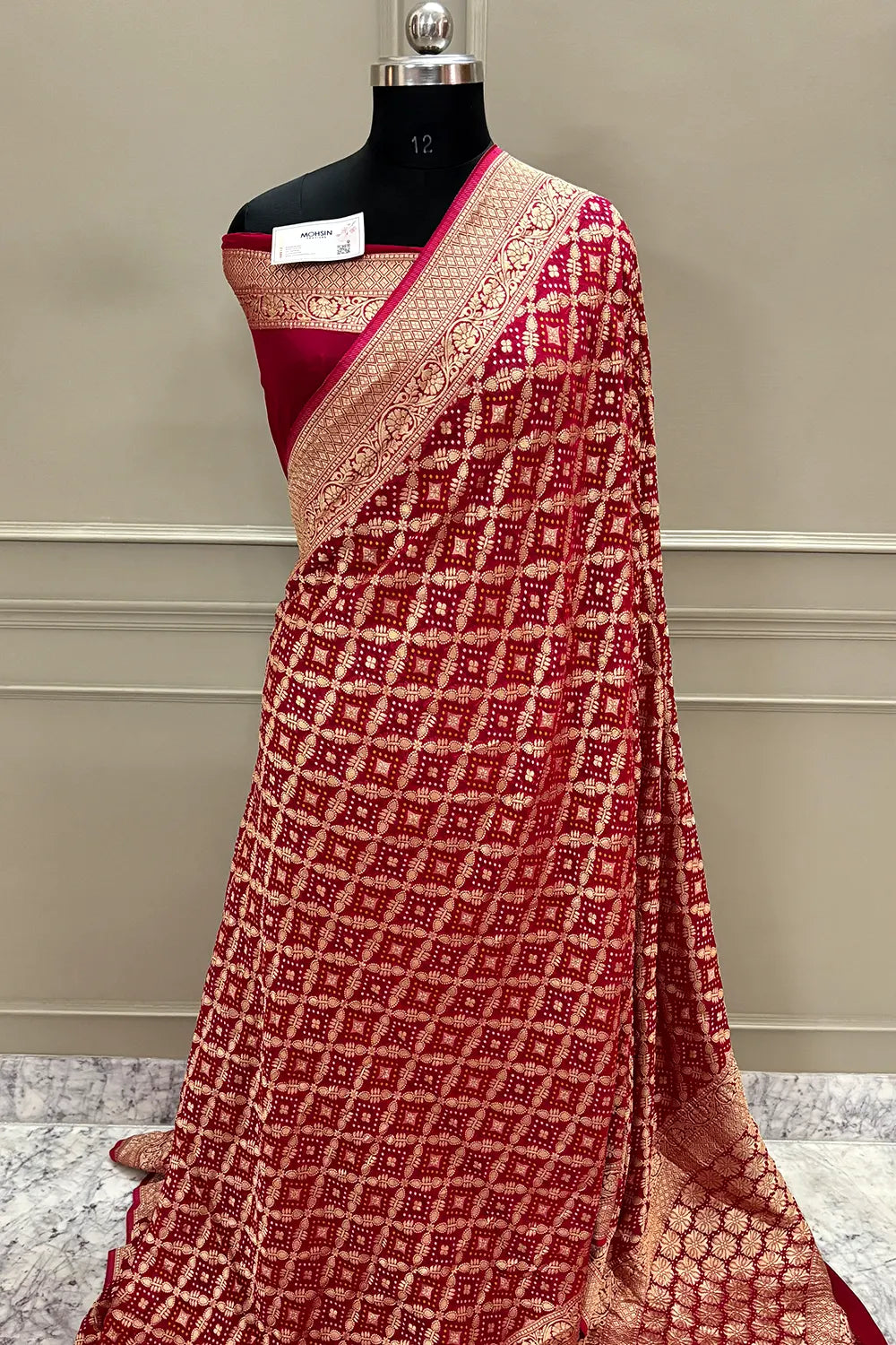 Pinkish Red Bandhej Georgette Silk Banarasi Saree