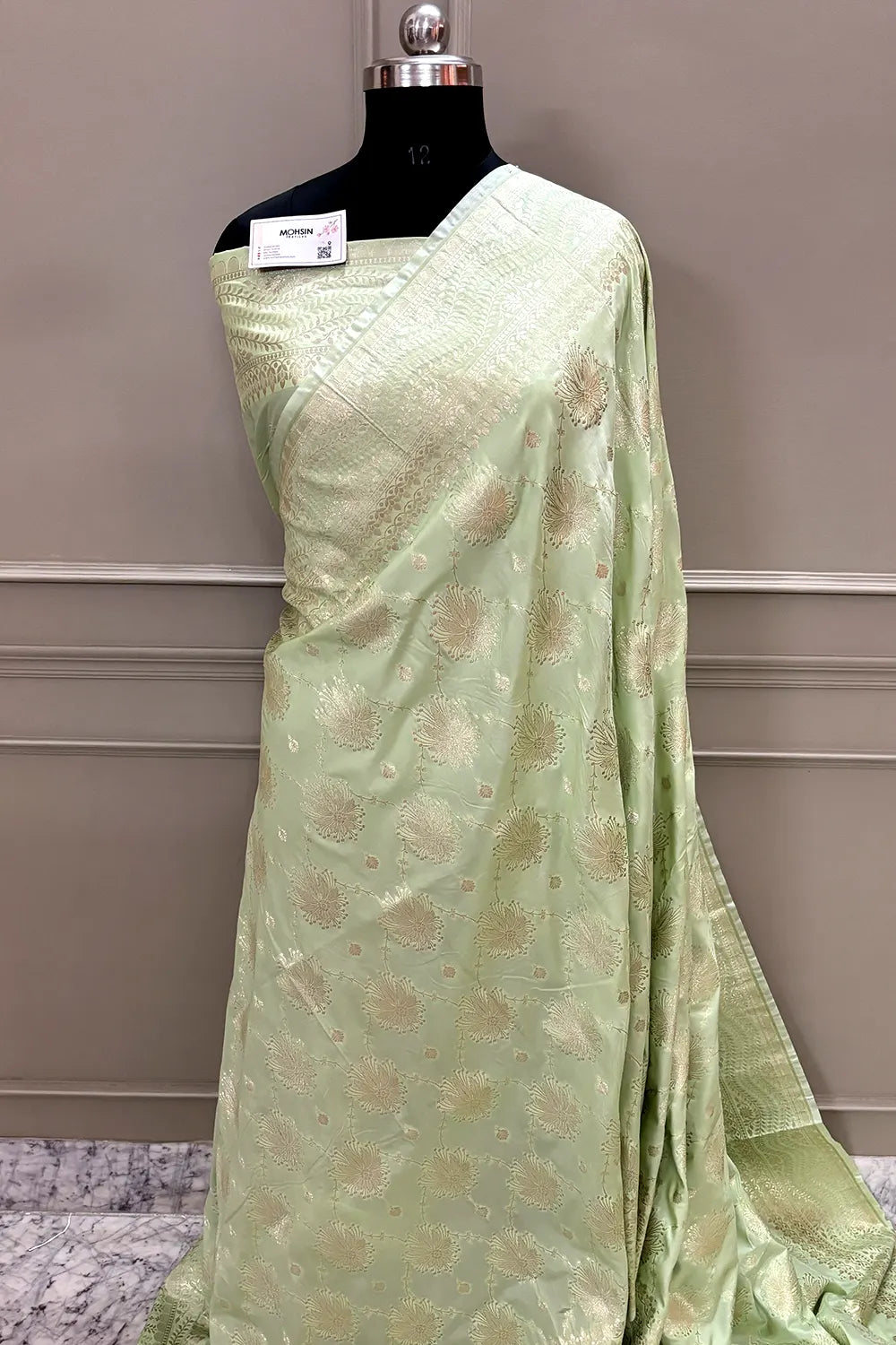 Pista Spider Jaal Katan Silk Banarasi Saree
