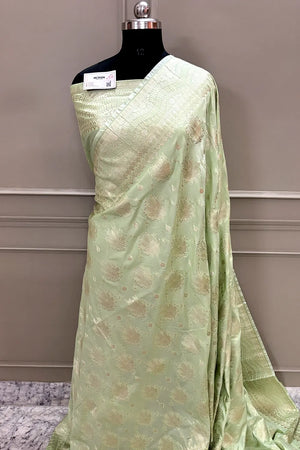 Pista Spider Jaal Katan Silk Banarasi Saree