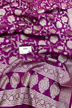 Purple Golden Zari Katan Silk Banarasi Dupatta