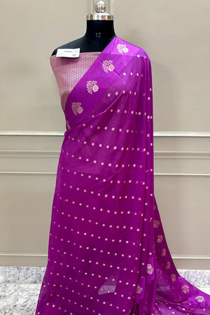 Purple Golden Zari Raw Mango Silk Banarasi Saree