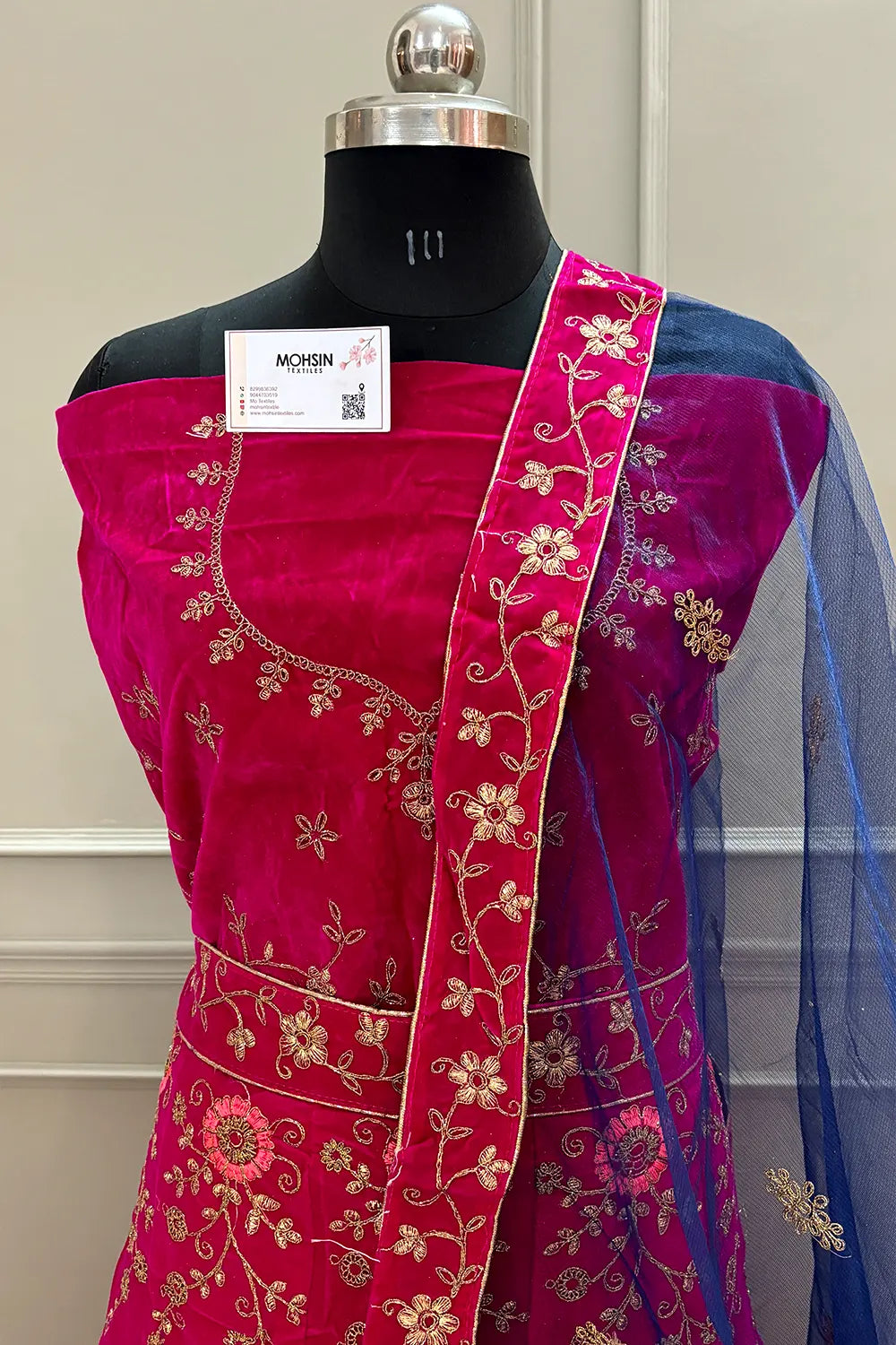 Rani Pink and Blue Zariwork Semi Stitched Velvet Lahenga