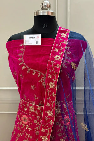 Rani Pink and Blue Zariwork Semi Stitched Velvet Lahenga
