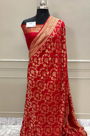 Red Golden Zari Georgette Silk Banarasi Saree