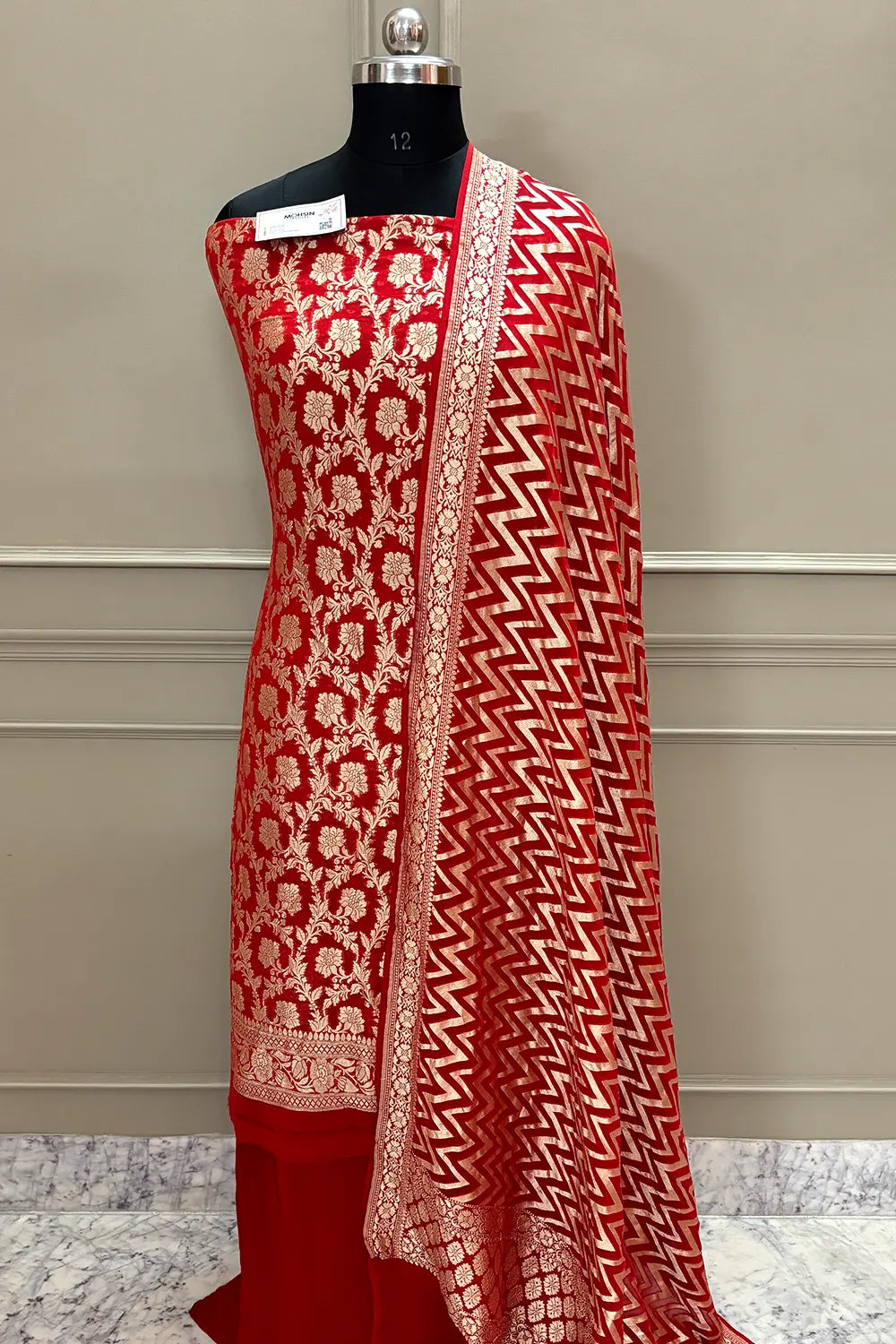 Red Golden Zari Pure Georgette Silk Banarasi Suit