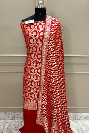 Red Golden Zari Pure Georgette Silk Banarasi Suit