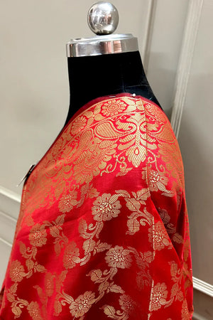 Red Golden Zari Satin Silk Banarasi Dupatta