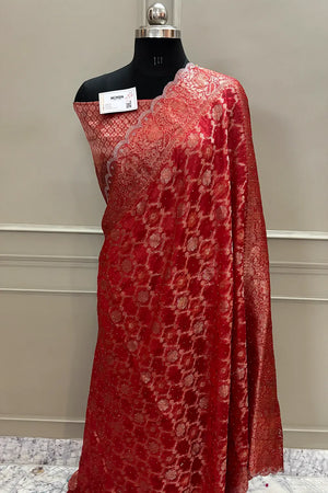 Red Resham Zari Siroski Stone Cotton Silk Banarasi Saree