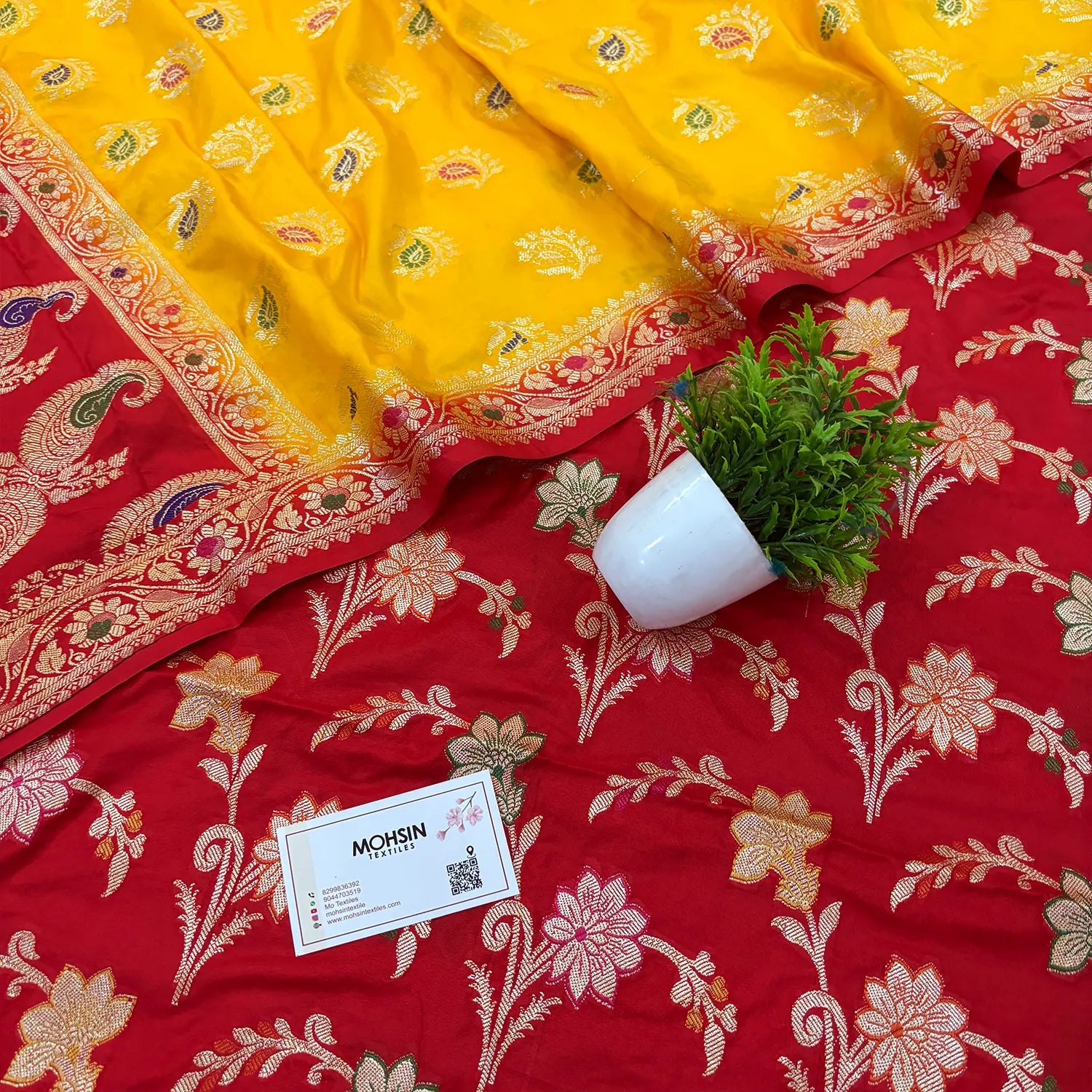 Red and Yellow Golden Zari Katan Silk Banarasi Saree