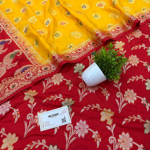 Red and Yellow Golden Zari Katan Silk Banarasi Saree