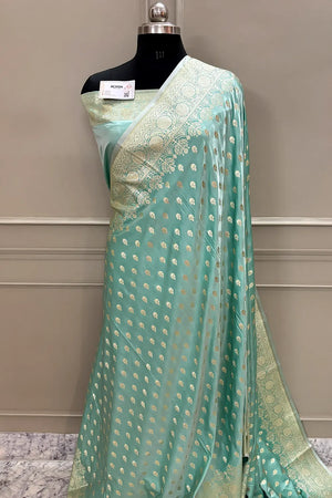 Sea Green Golden Zari Katan Silk Banarasi Saree