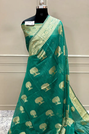 Sea Green Resham Zari Cotton Silk Banarasi Saree