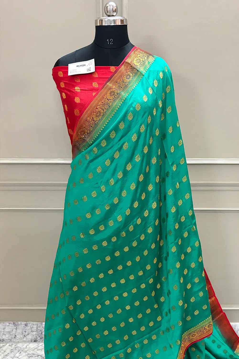 Sea Green and Red Golden Zari Silky Banarasi Saree