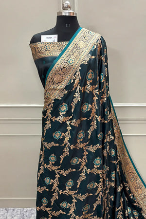 Teal Henna Jaal Katan Silk Banarasi Saree