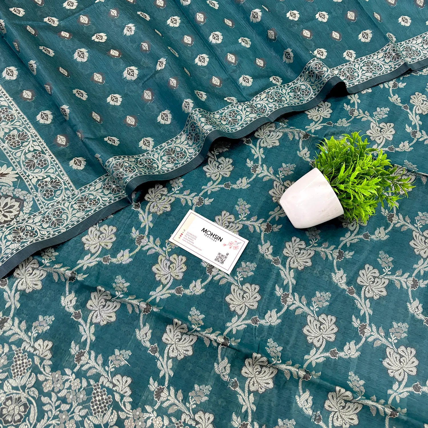 Teal Resham Zari Cotton Silk Banarasi Suit