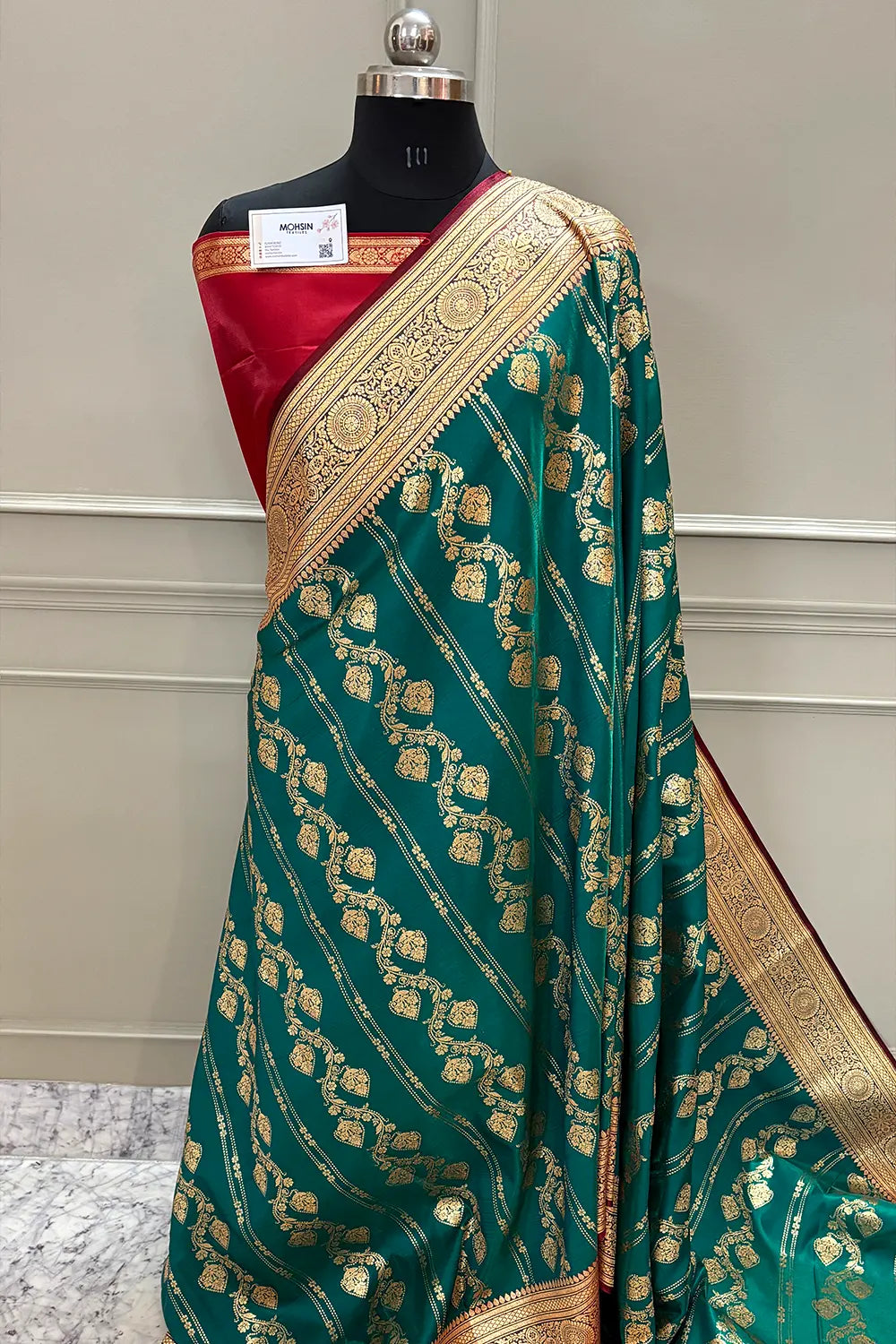 Teal and Red Latar Patti Katan Silk Banarasi Saree