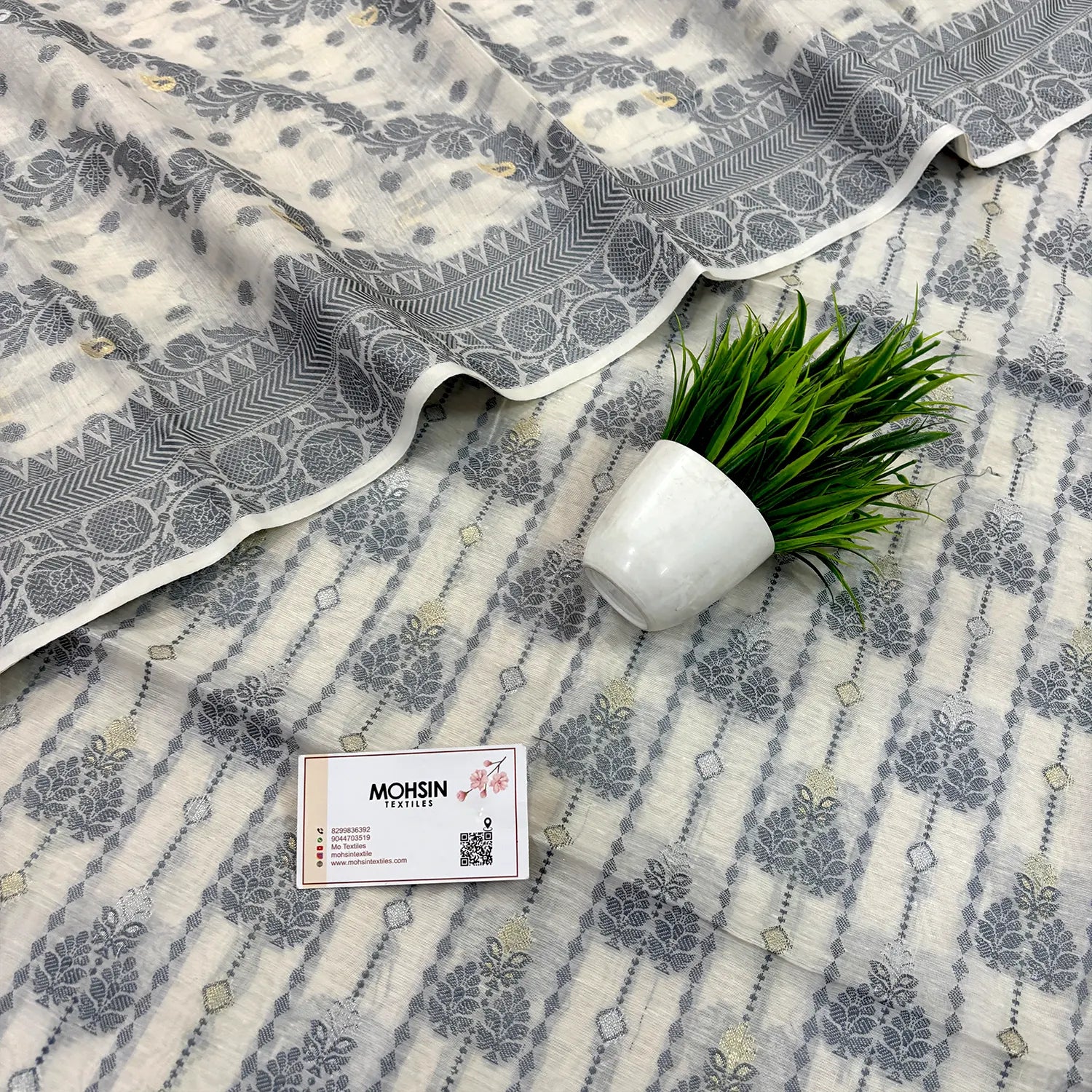 White Resham Zari Banarasi Silk Suit