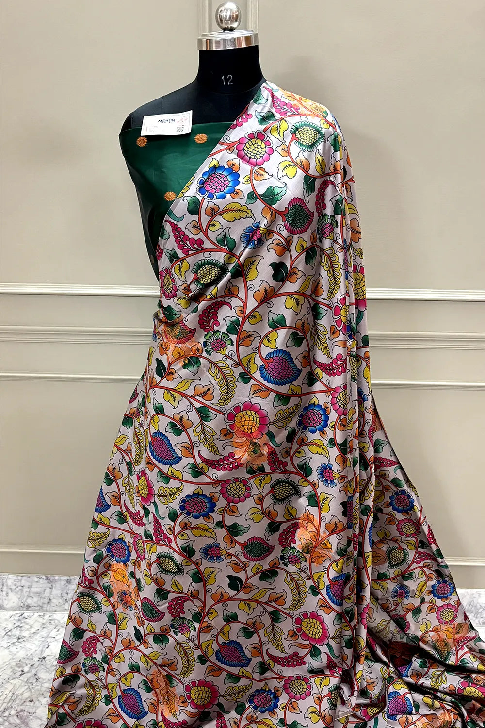 White and Bottle Green Printed Silk Saree