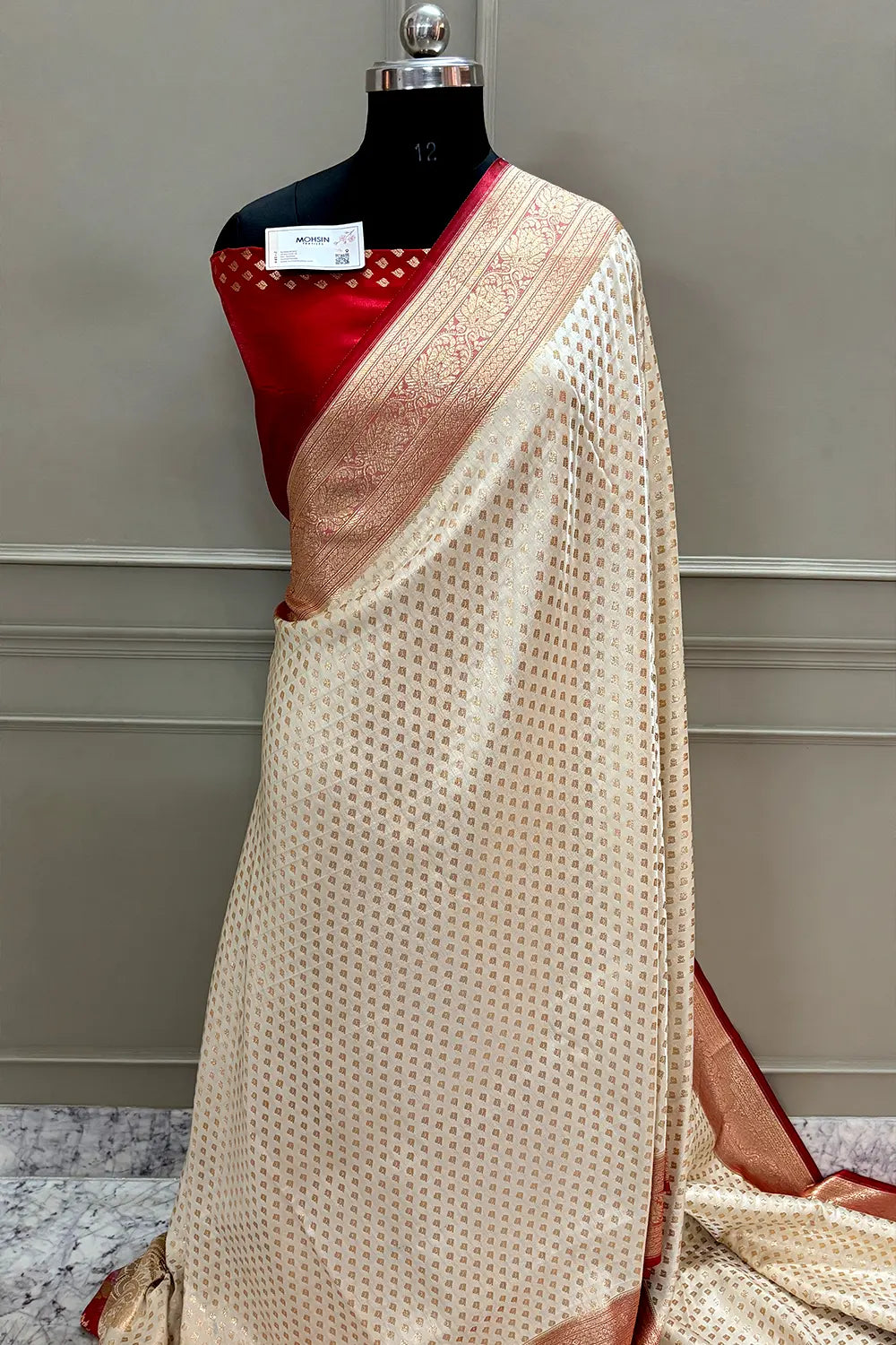 White and Red Golden Zari Katan Silk Banarasi Saree
