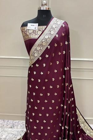 Wine Chaman Buti Katan Silk Banarasi Saree