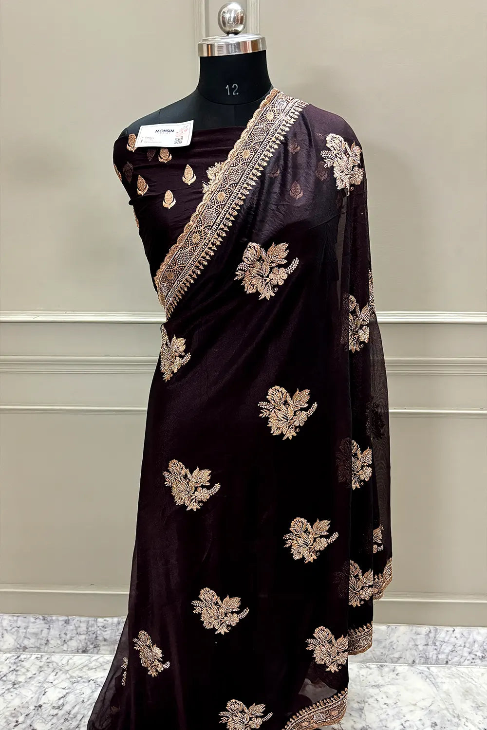 Wine Embordiery Siroski Work Silk Saree