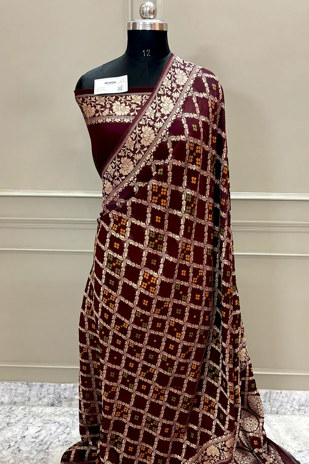 Wine Golden Zari Georgette Silk Banarasi Saree