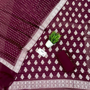 Wine Golden Zari Georgette Silk Banarasi Suit