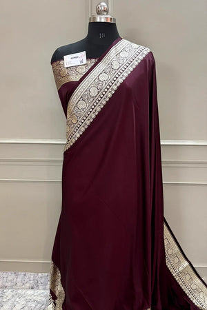Wine Plain Golden Zari Katan Silk Banarasi Saree