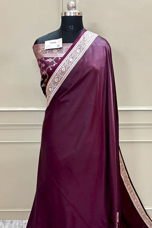 Wine Plain Zari Border Katan Silk Banarasi Saree