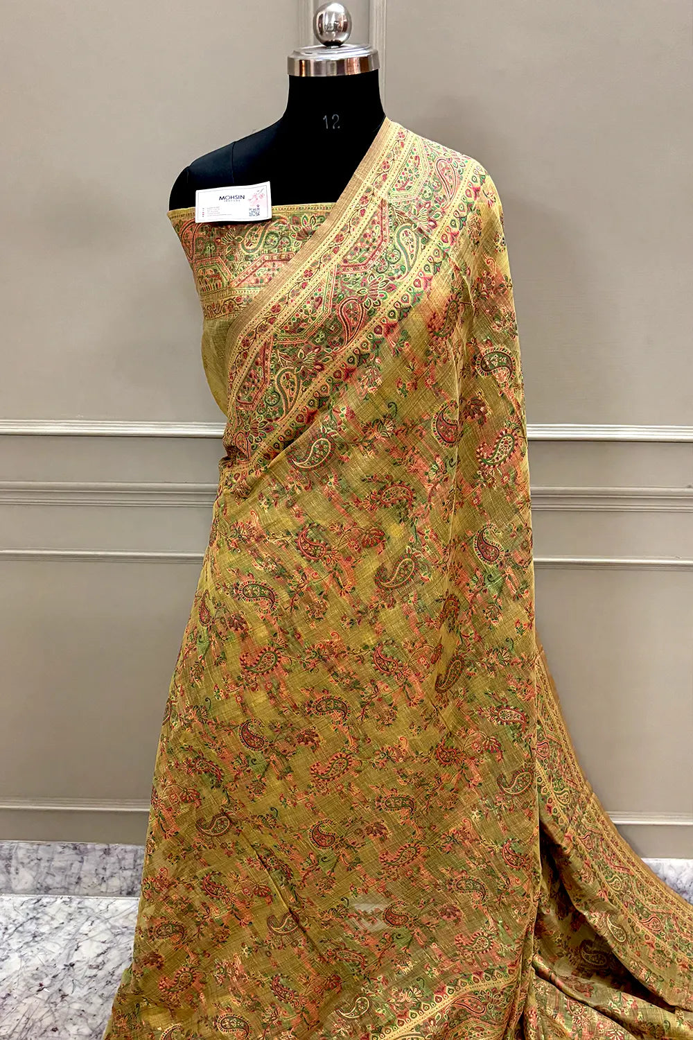 Yellow Printed Linen Silk Banarasi Saree