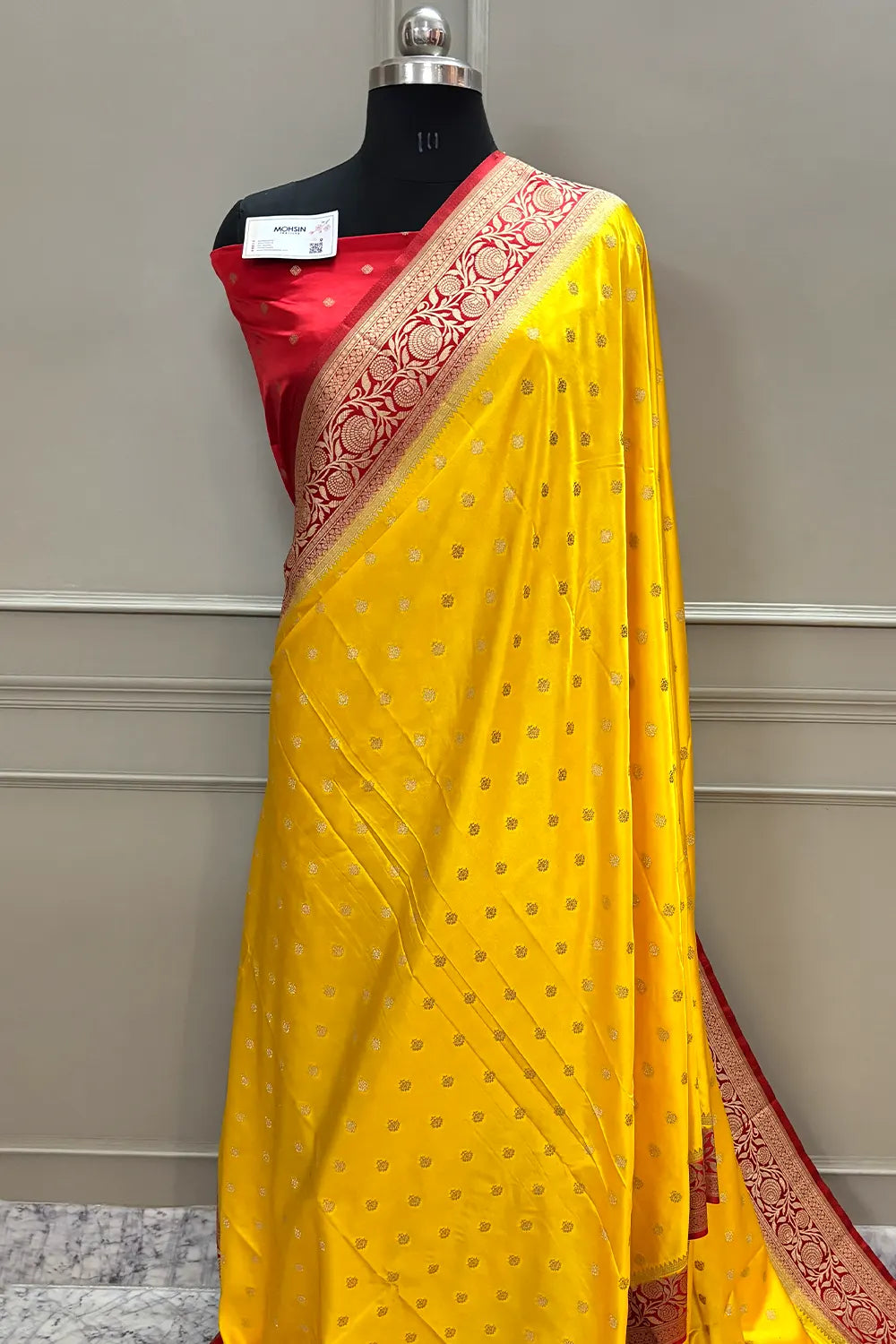 Yellow and Red Golden Zari Katan Silk Banarasi Saree