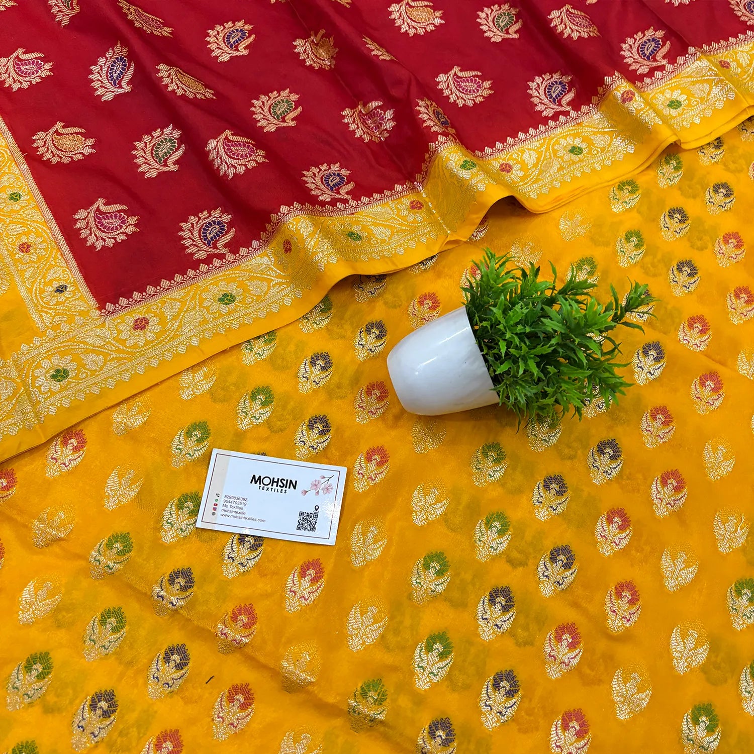 Yellow and Red Golden Zari Katan Silk Banarasi Suit
