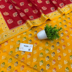Yellow and Red Golden Zari Katan Silk Banarasi Suit
