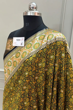 Black and Mehendi Jungli Jaal Katan Silk Banarasi Saree