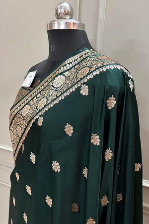 Bottle Green Podina Buti Katan Silk Banarasi Saree