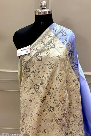Lavender and Beige Plain Resham Silk Banarasi Saree