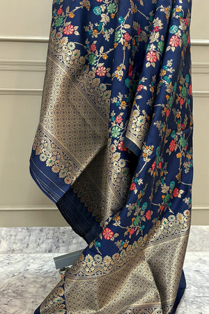 Navy Blue Golden Zari Katan Silk Banarasi Dupatta