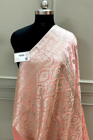 Peachy Pink Ropeway Jaal Katan Silk Banarasi Saree
