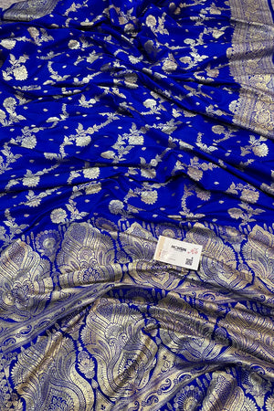 Royal Blue Tirchi Daal Katan Silk Banarasi Saree