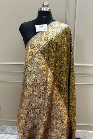 Black and Mehendi Jungli Jaal Katan Silk Banarasi Saree