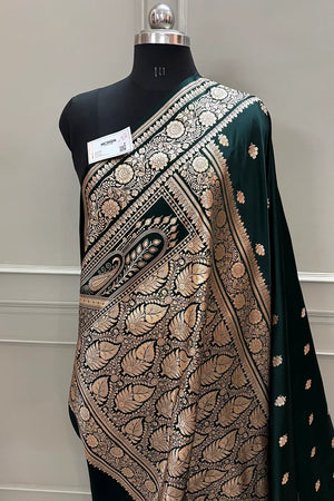 Bottle Green Podina Buti Katan Silk Banarasi Saree
