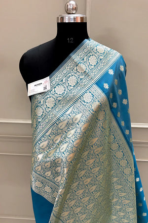 Firozi Golden Zari Crepe Silk Banarasi Saree