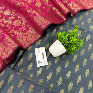 Grey and Pink Parvat Buti Satin Silk Banarasi Suit