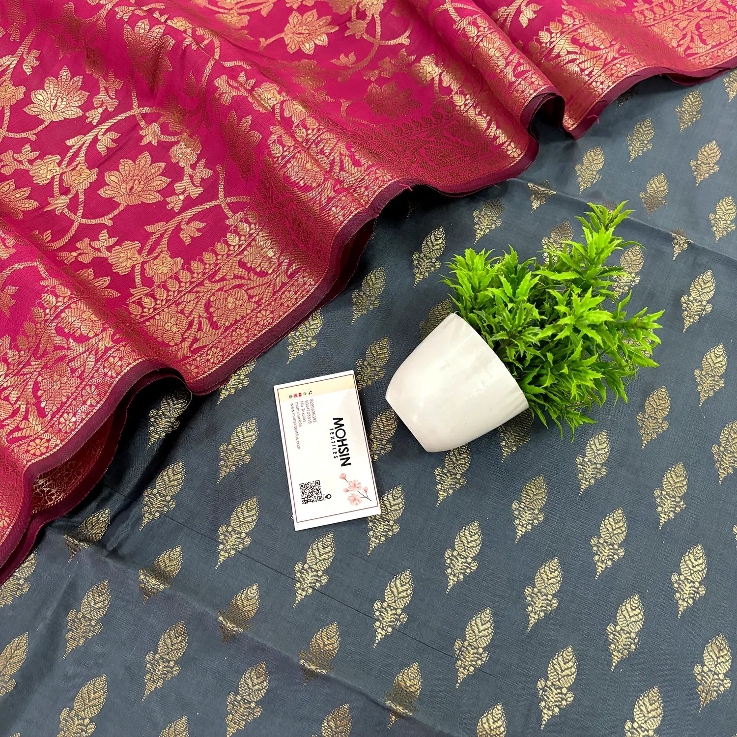 Grey and Pink Parvat Buti Satin Silk Banarasi Suit