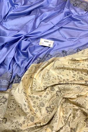 Lavender and Beige Plain Resham Silk Banarasi Saree